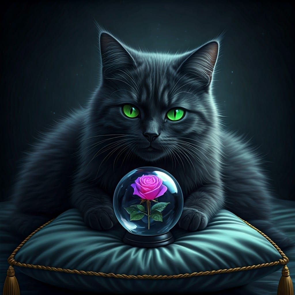 Midnight Black Cat Witch Gazing into Crystal Ball