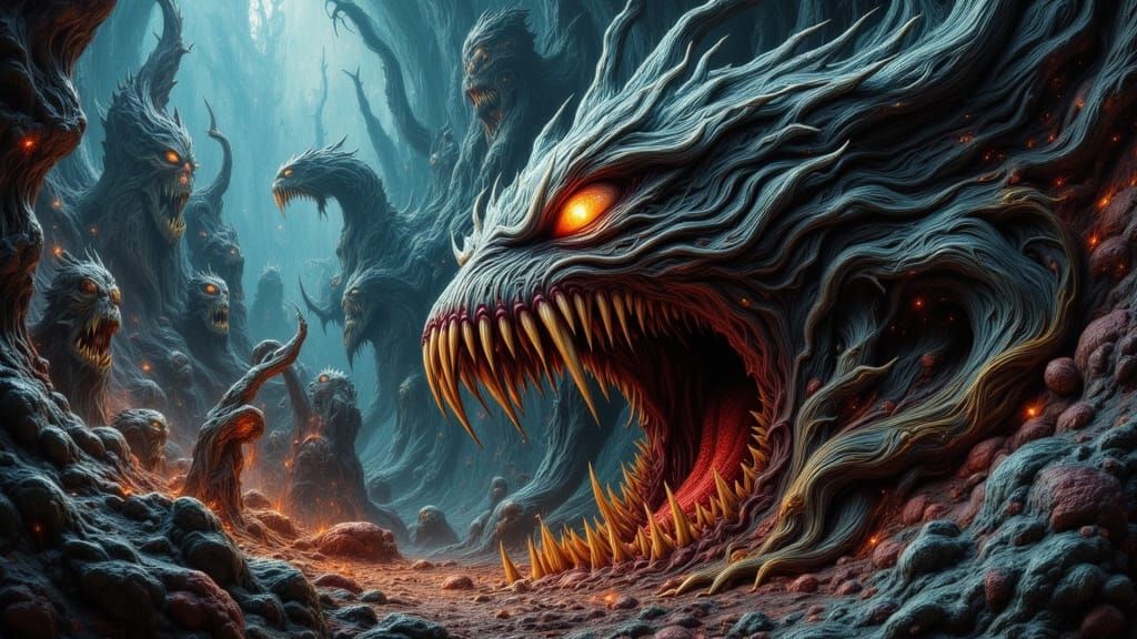 Colossal Maw Devouring Village in Dynamic Colorful Style