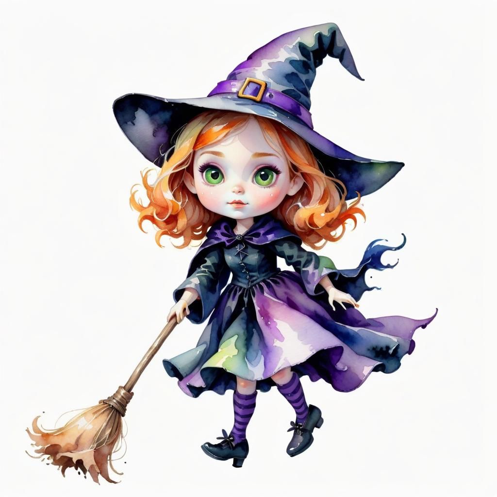 Charming Doll Witch Casting Spell in Watercolor Art