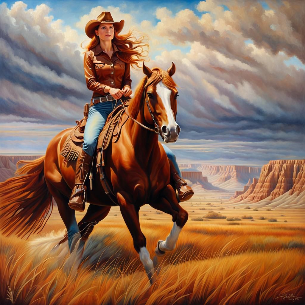 Hyperrealistic Cowgirl Rides White Horse in Badlands