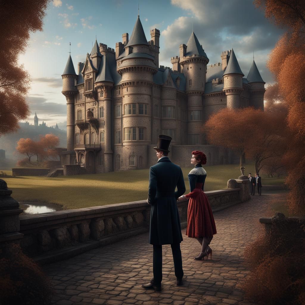 Victorian Couple in Front of Castle: Detailed Matte Painting