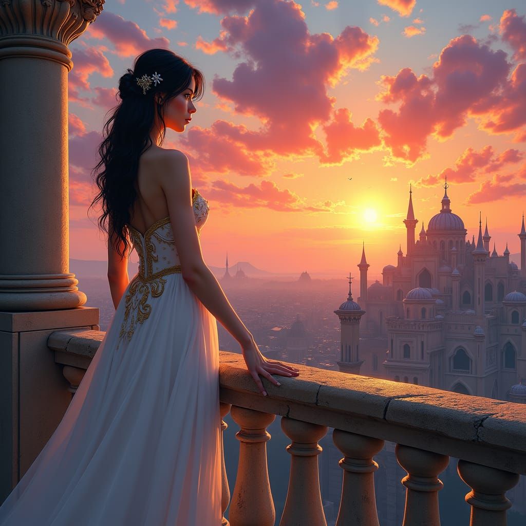 Girl Gazing at Sunset in Dreamlike Cityscape