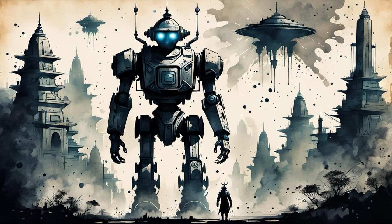 Futuristic Indian City Protected by Robot: Ink Illustration