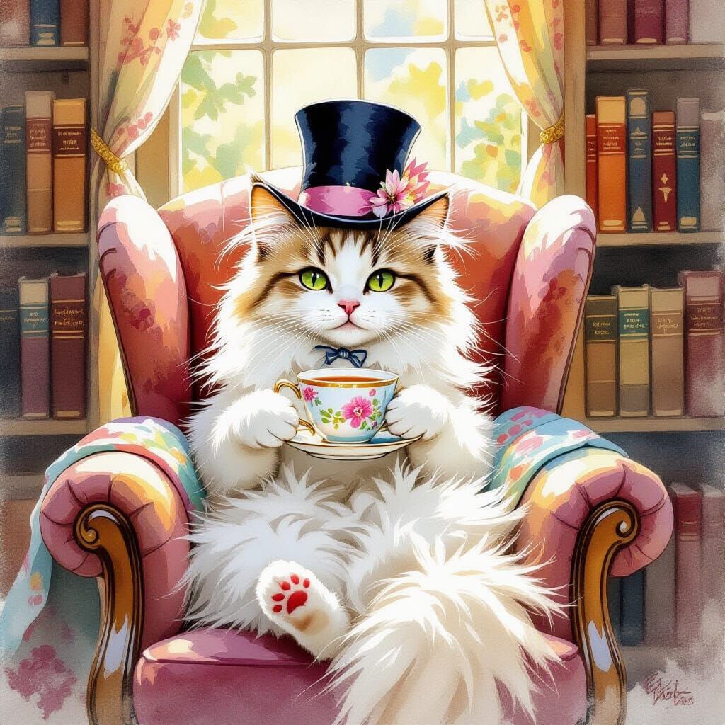 Cat in Top Hat Sipping Tea, Watercolor Painting