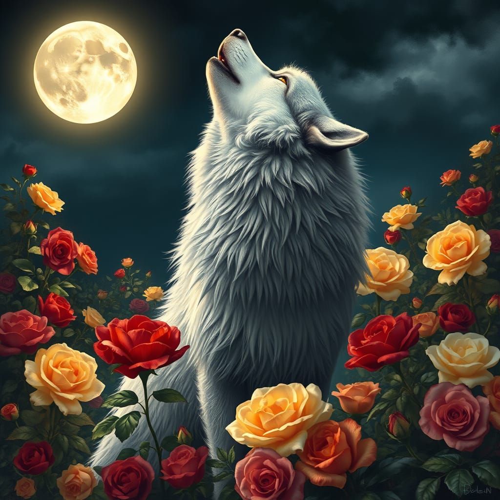Majestic Wolf in Vibrant Rose Garden Under Full Moon