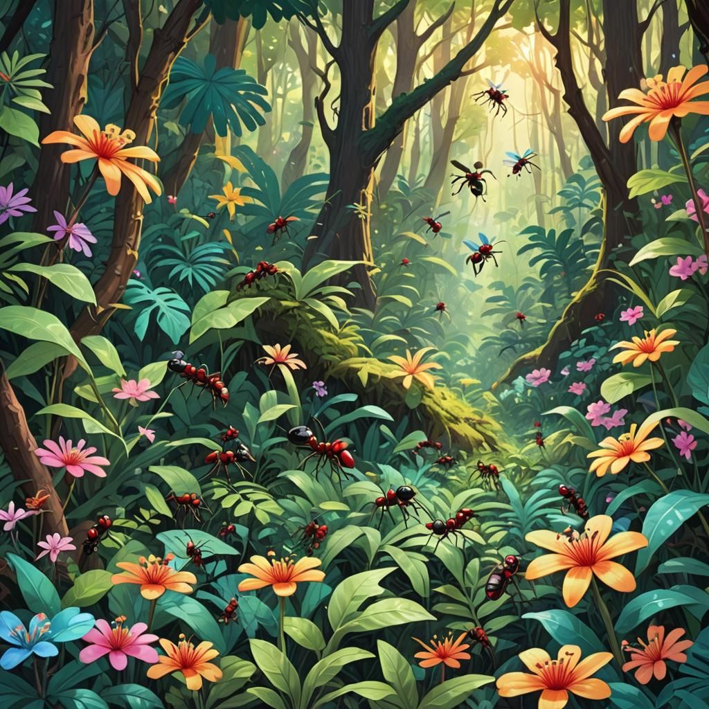 Ant Colony in Lush Tropical Forest, Miyazaki Style