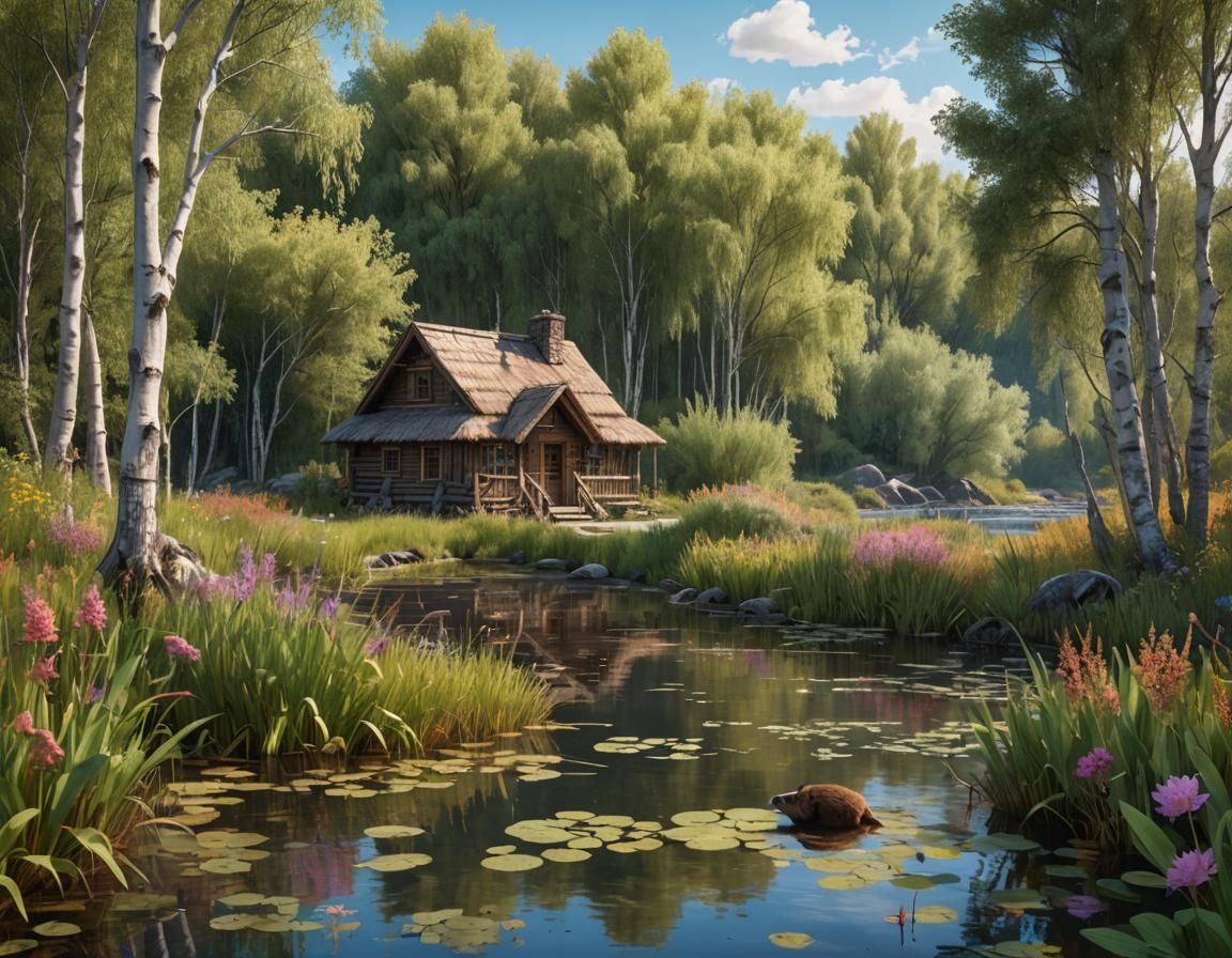 beaver pond with a lodge and dam, beaver, willow & birch trees, reeds, wild flowers,