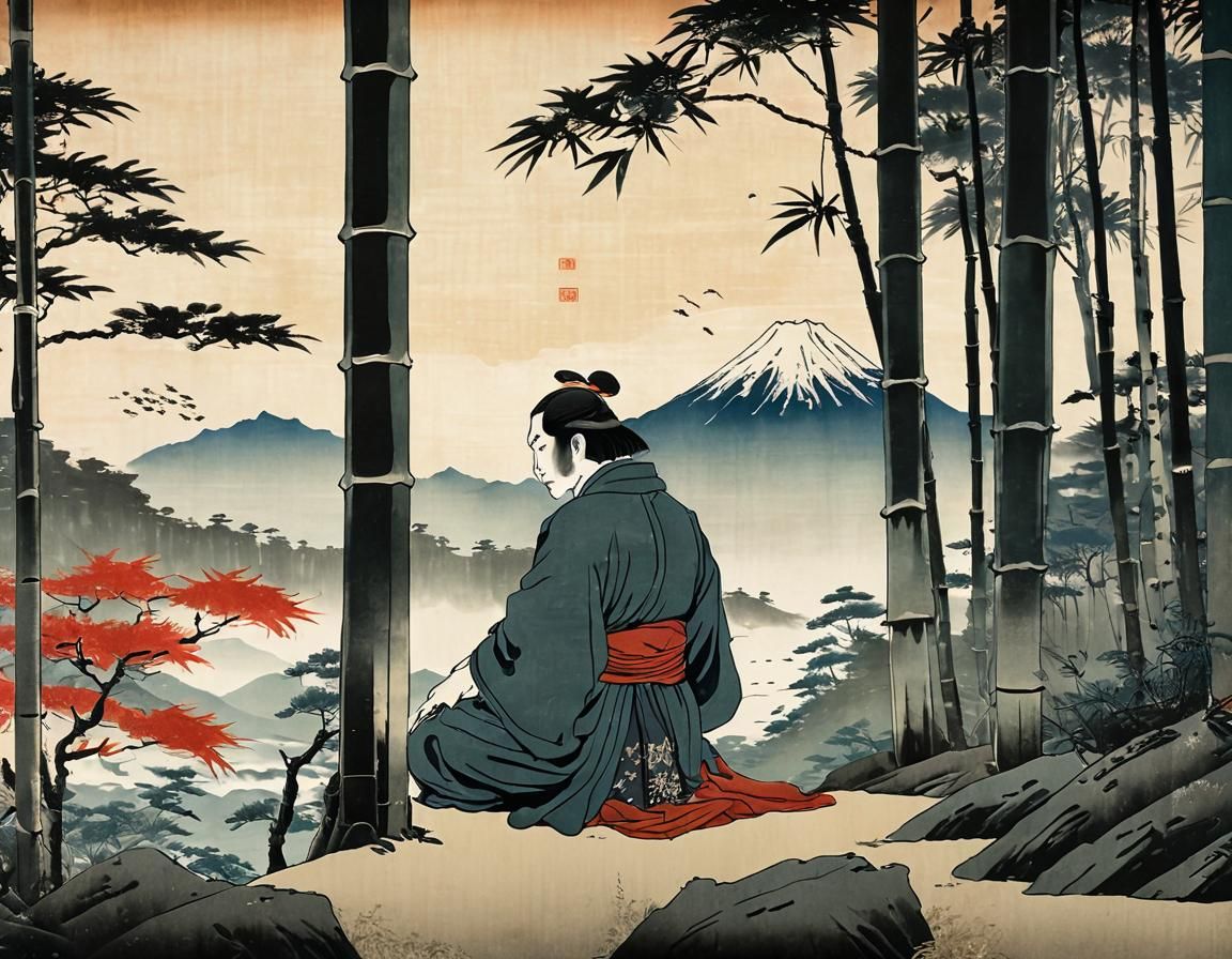 Young samurai sitting looking at the sky, in a bamboo forest...