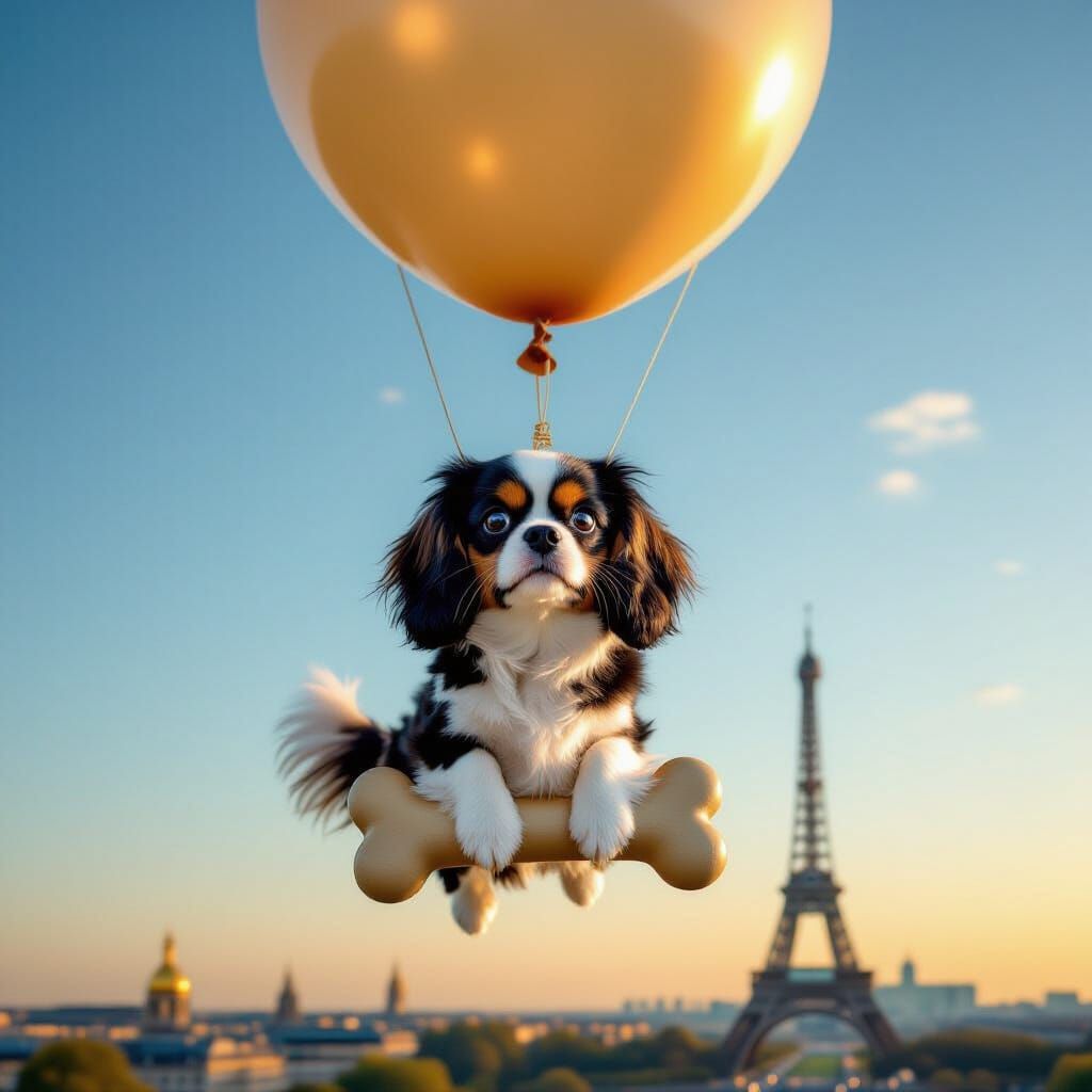 Hyperrealistic Cavalier Dog Floats Over Paris Sky