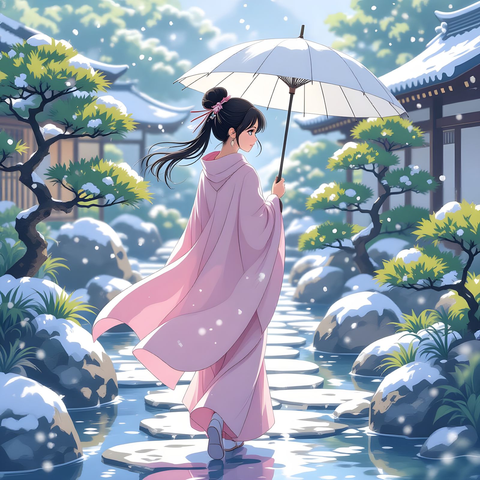Anime Girl with Umbrella in Stone Garden