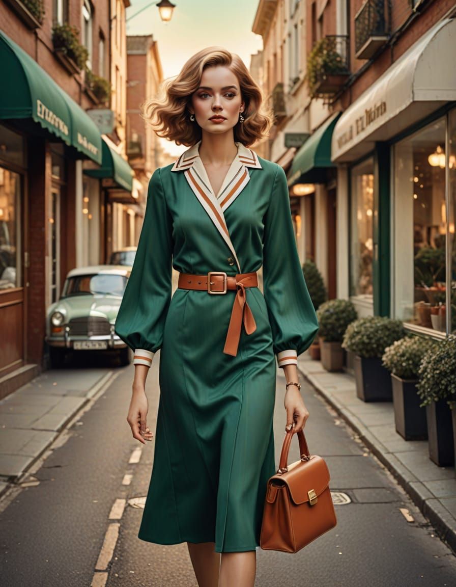 Retro Fashion Goddess in Emerald and Terracotta