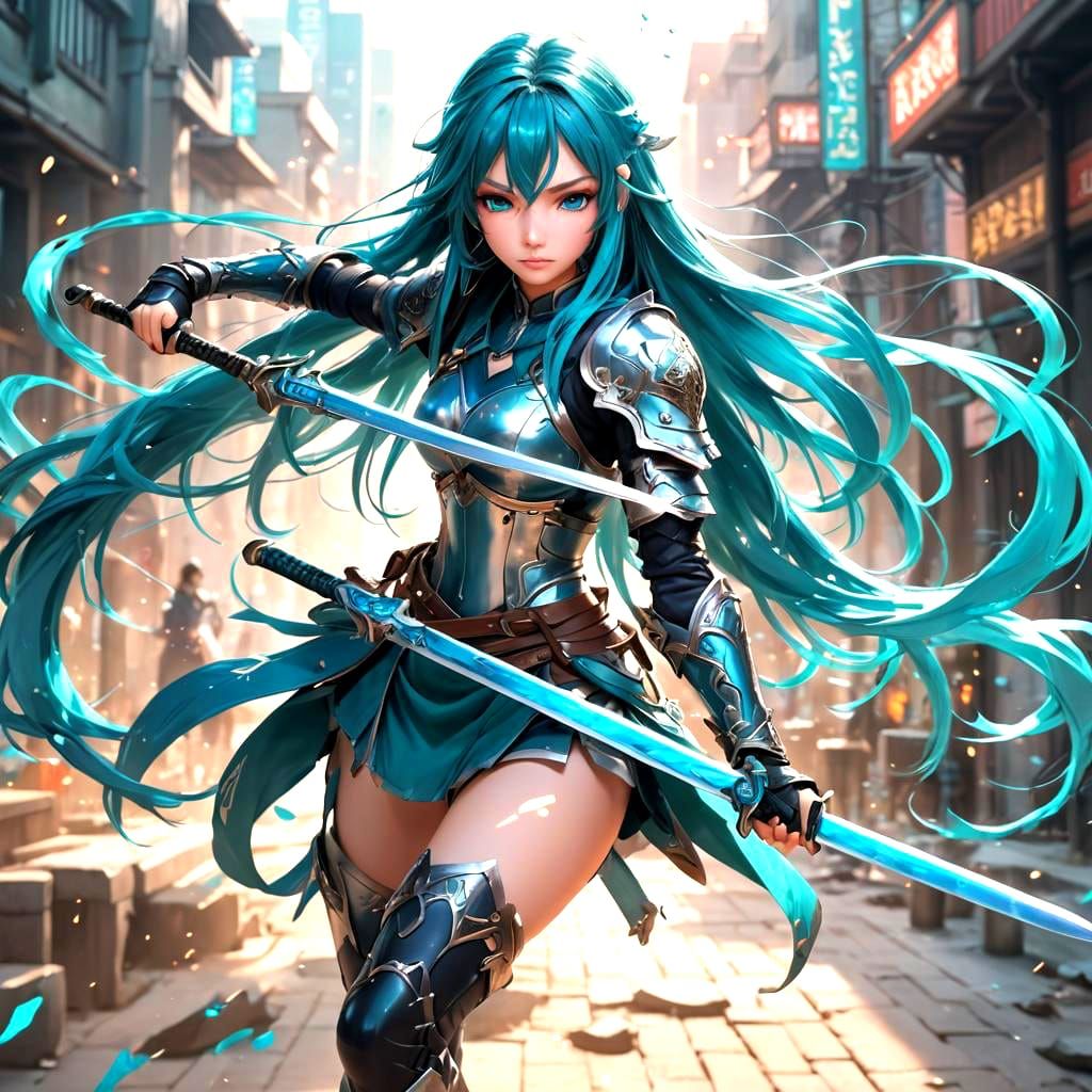 Anime Girl Warrior with Sword in 3D Style