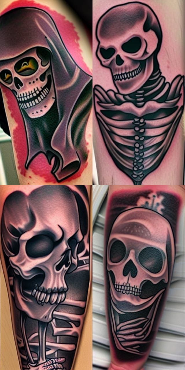 Pouting Grim Reaper Skeleton Tattoo Design