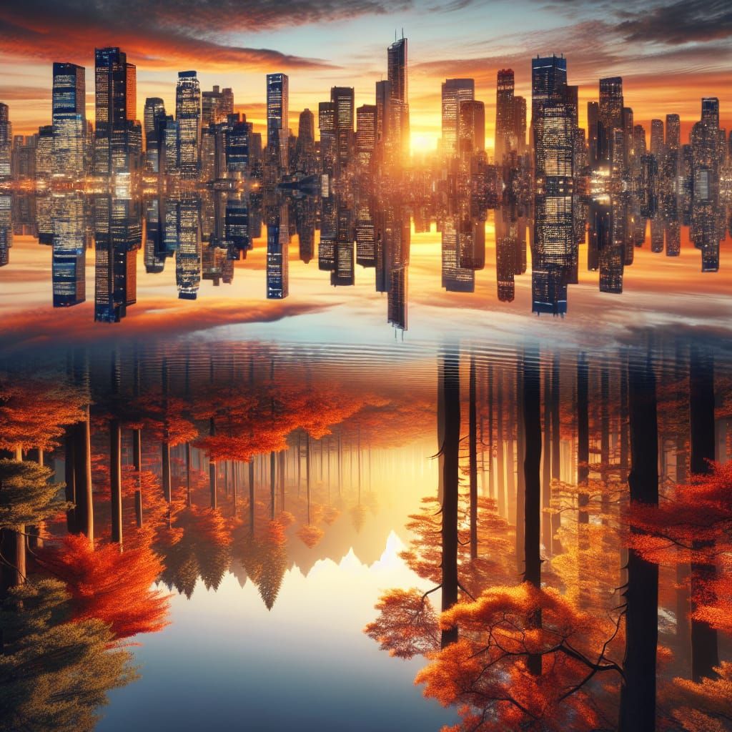 Dusk Cityscape Reflected as Autumn Forest in Hyperrealistic ...
