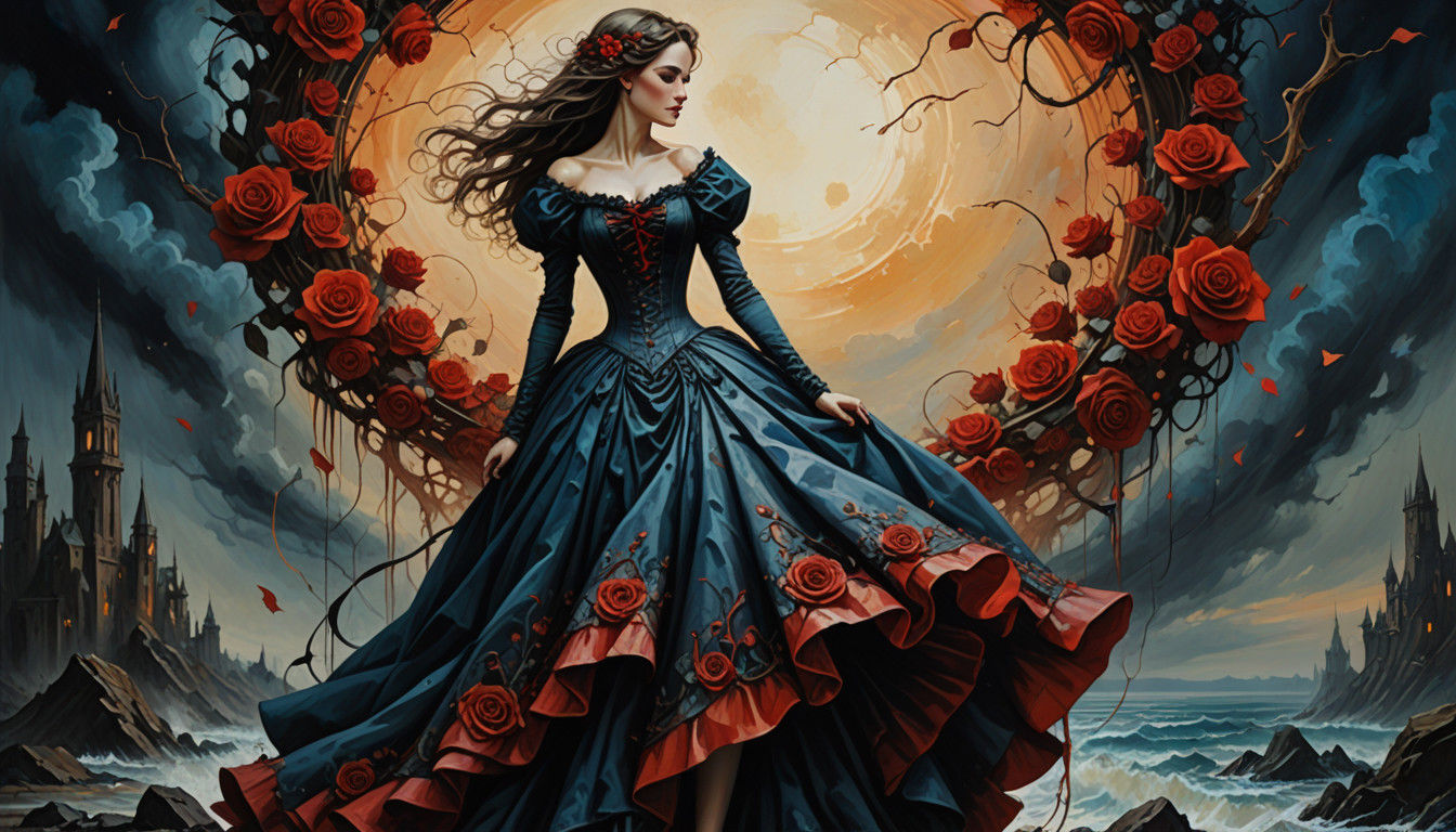 Ethereal Rose Vampire Silhouette in Rich Oil and Ink