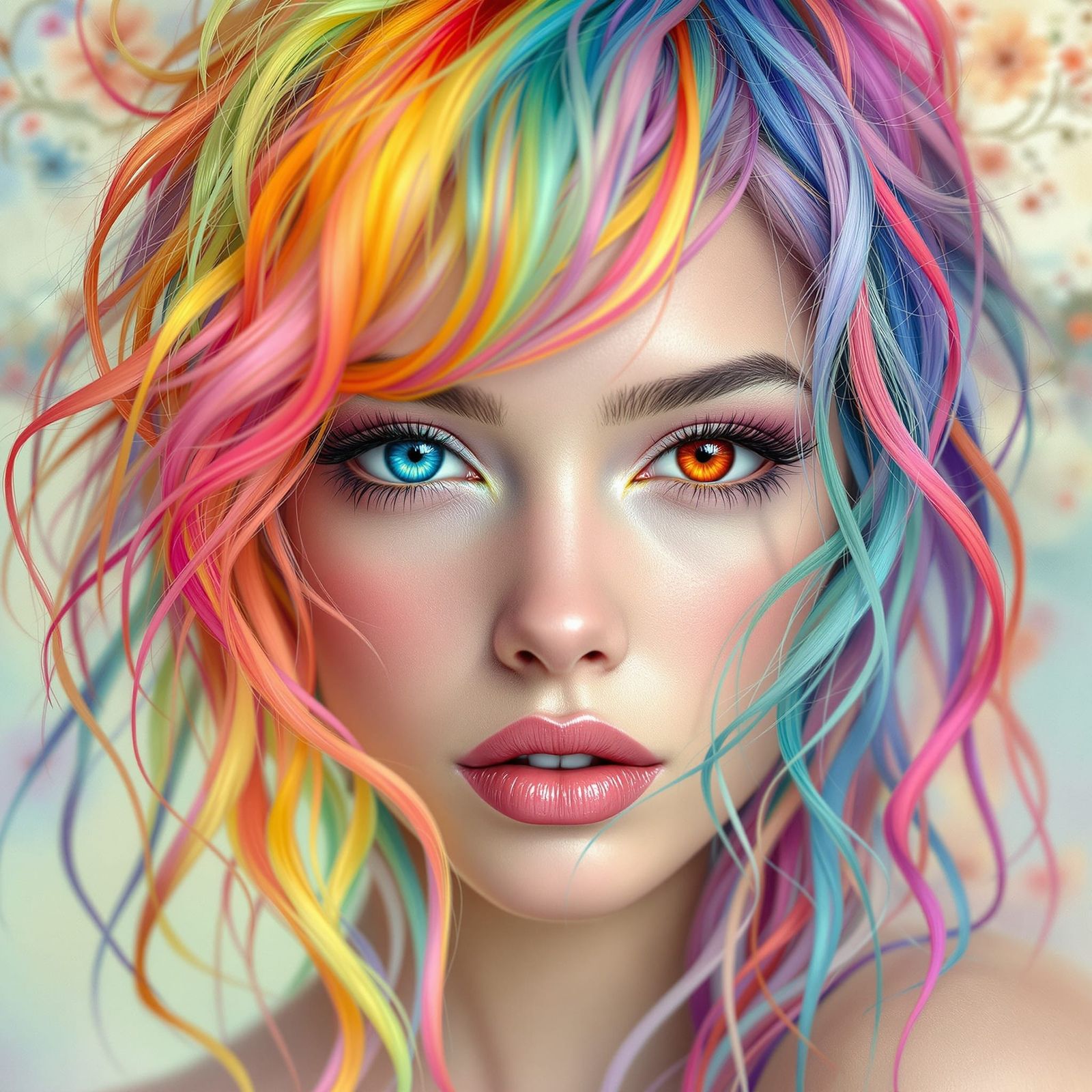 Rainbow Hair Portrait in Art Nouveau Style