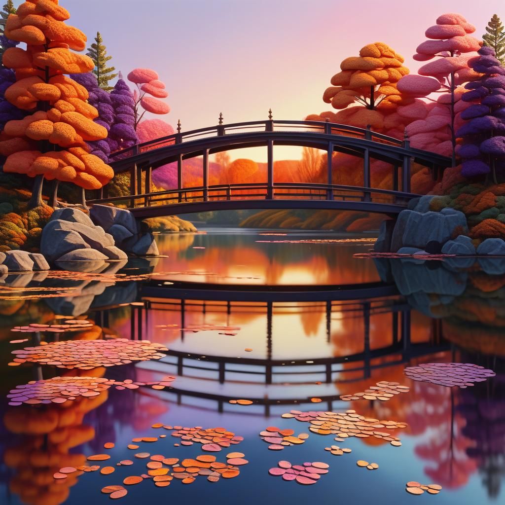 Autumn Bridge Over Lake in Hyperrealistic Splash Art