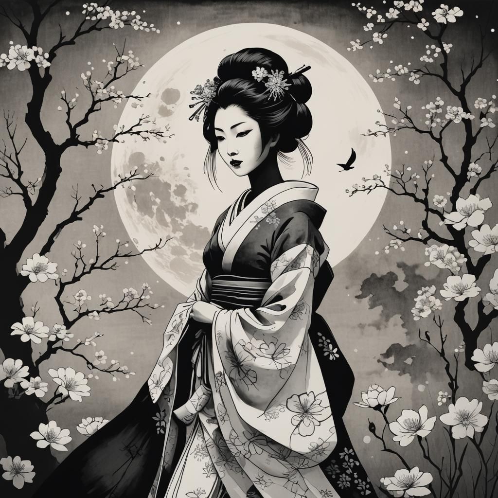 Geisha Silhouette in Moonlit Spring Garden