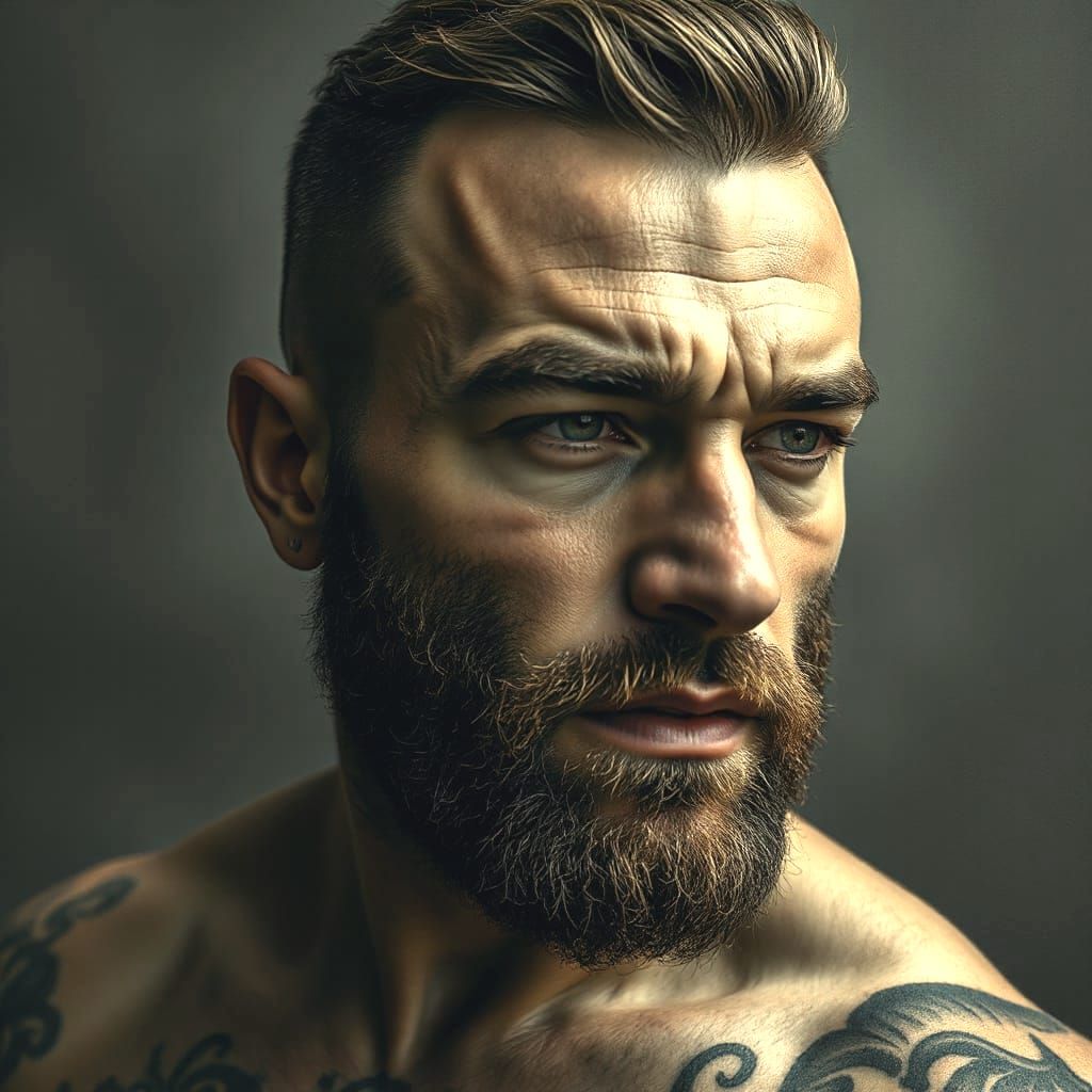Detailed Portrait of a Rugged Man with Tattoo