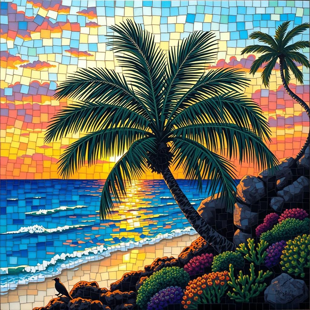 Palm Tree Sunset Mosaic Artwork
