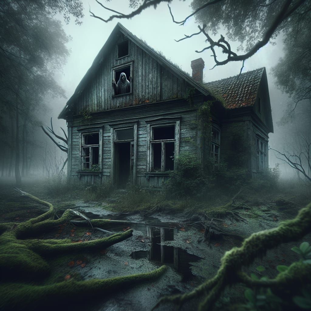 Ethereal Woman in Dilapidated House at Night