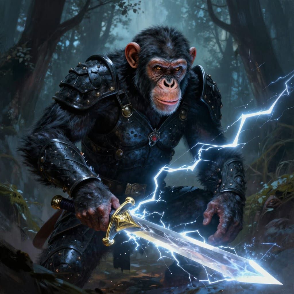 Chimpanzee Warrior in Obsidian Armor with Lightning Sword