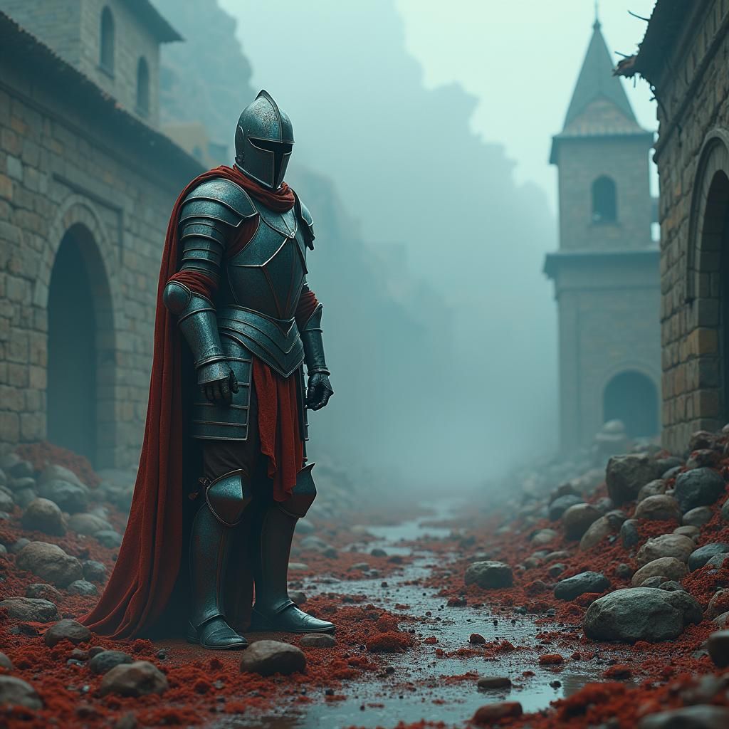 Weary Knight in Blood-Soaked Battlefield: Matte Painting