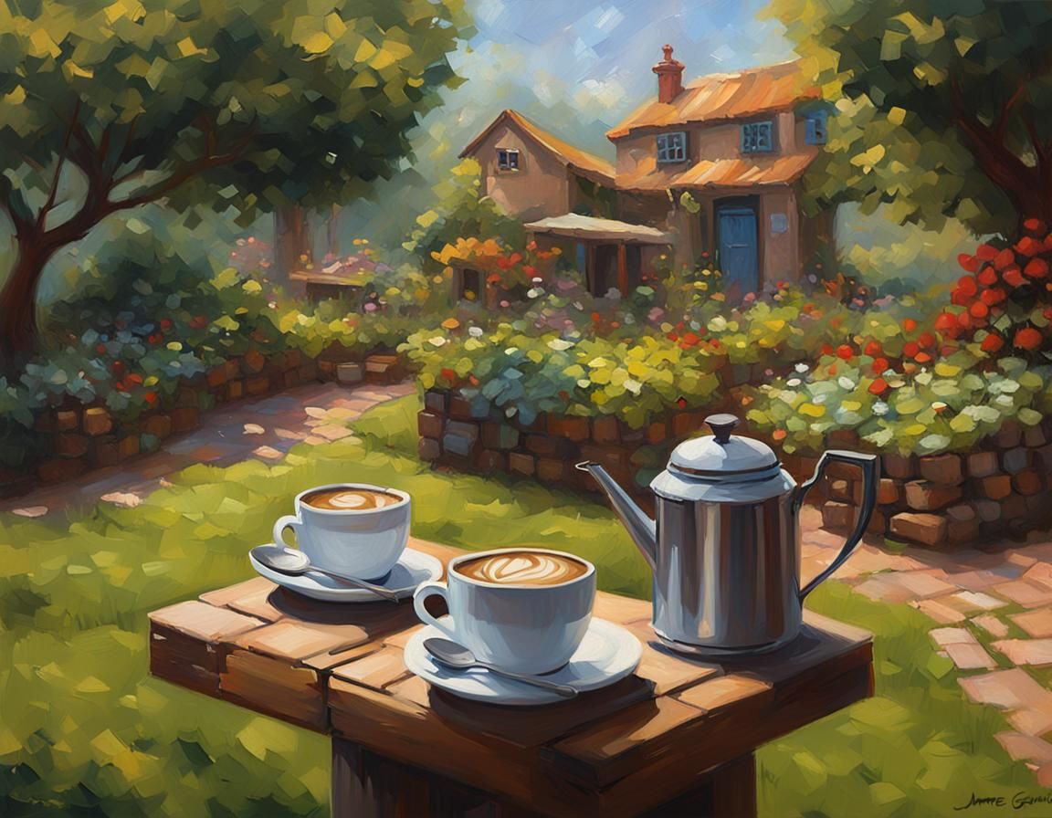 Coffee in Garden: 3D Cinematic Oil Painting