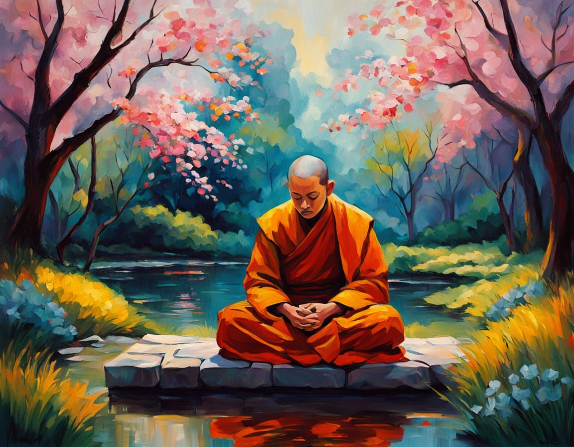 Serene Monastic Garden Scene in Vibrant Oil Painting
