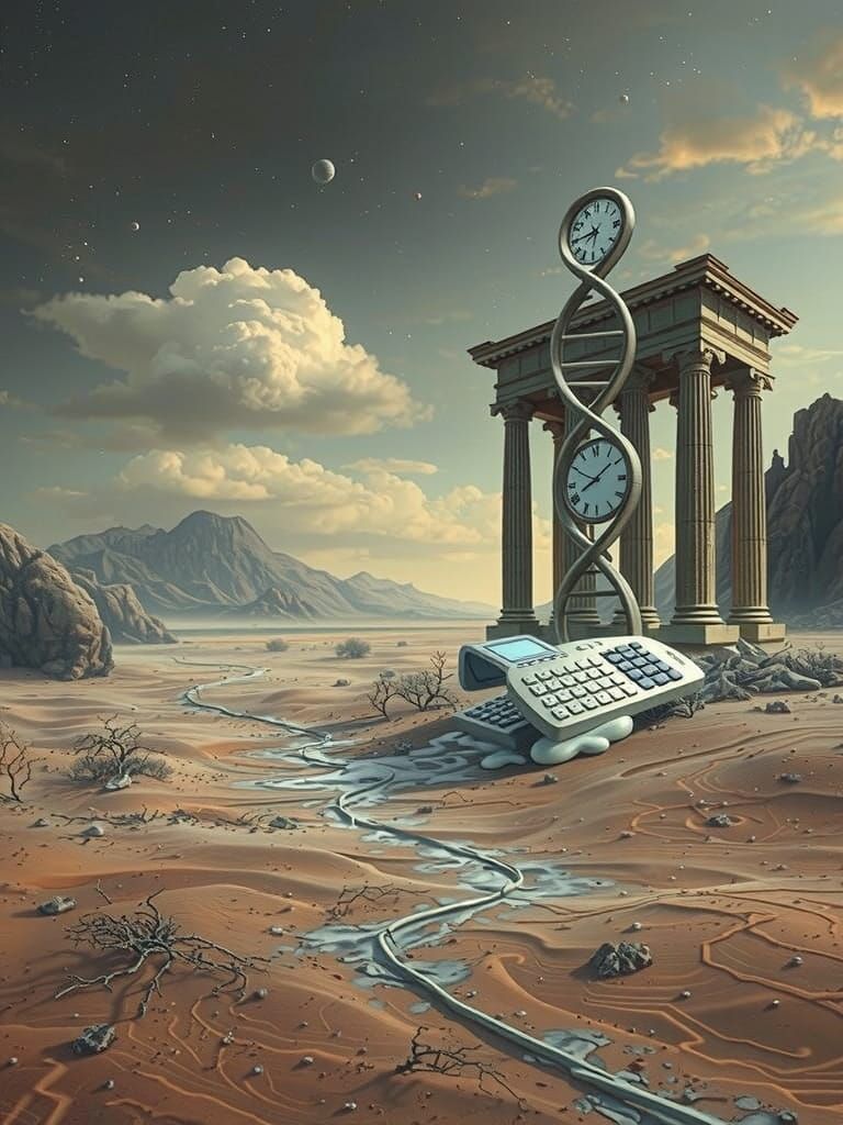 Surreal Desert Landscape with Melting Calculators, in Dark S...