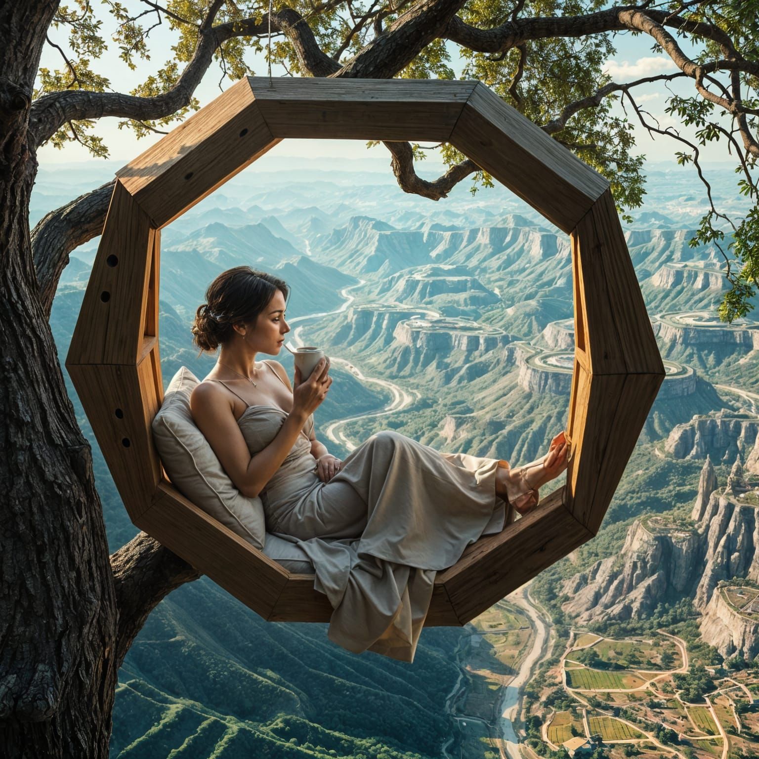 Woman Relaxing in Luxurious Treehouse Overlooking Intricate ...