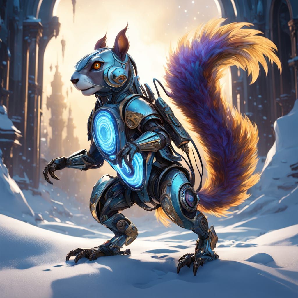 Dark Fantasy Robotic Squirrel in Snowy Landscape