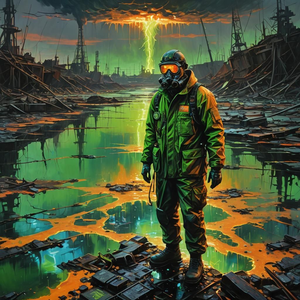Neon-Lit Researcher in Radioactive Wasteland Painting