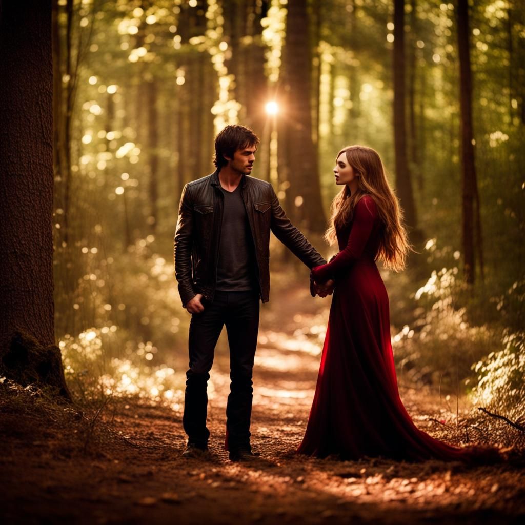 Romantic Embrace: Wanda and Damon in Magical Forest