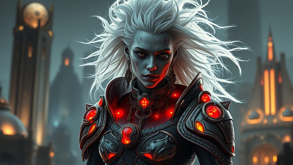 Cyberpunk Warrior Priestess in Neon Cityscape