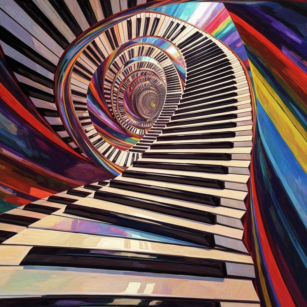 Surreal Piano Key Staircase in 3D Digital Art