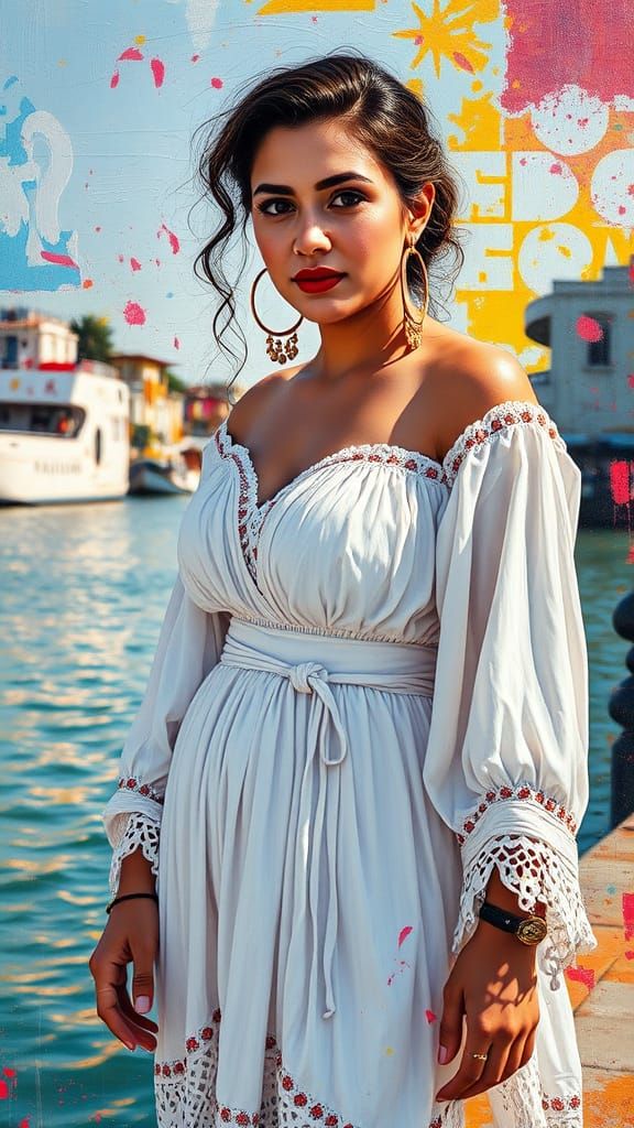 Palestinian Woman in Bohemian Dress: Polychromatic Oil Paint...