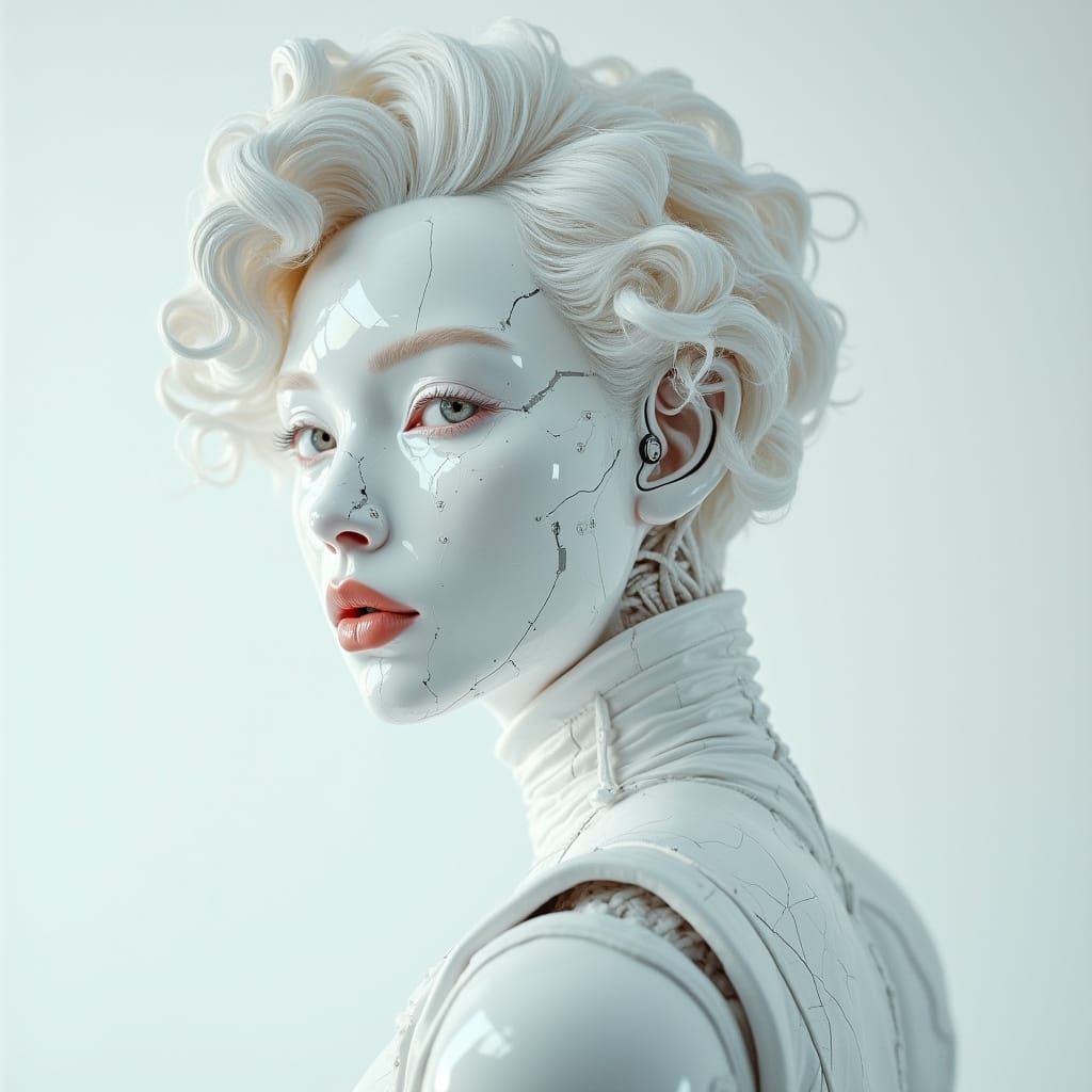 Porcelain Android with Ornate Wig in White Room