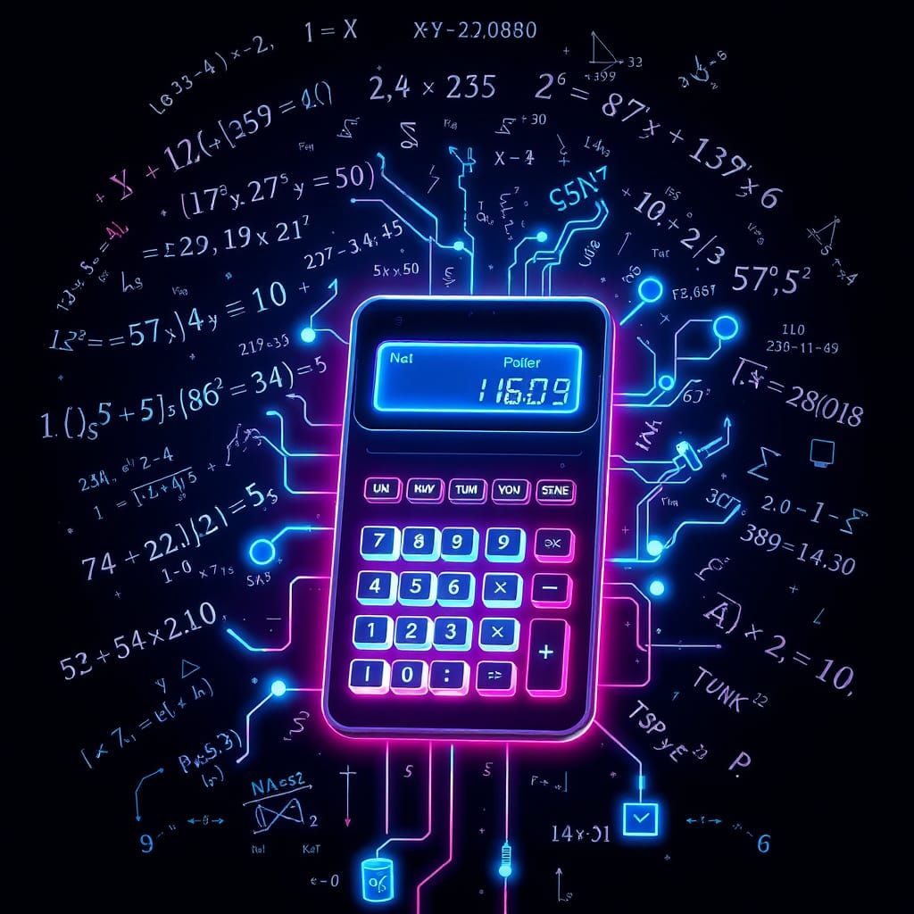 Calculator Contemplates Math in Futuristic Neon Style