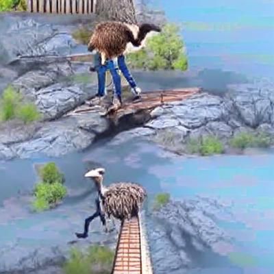 Ostrich Jumps Over Bridge Towards Lumberjack