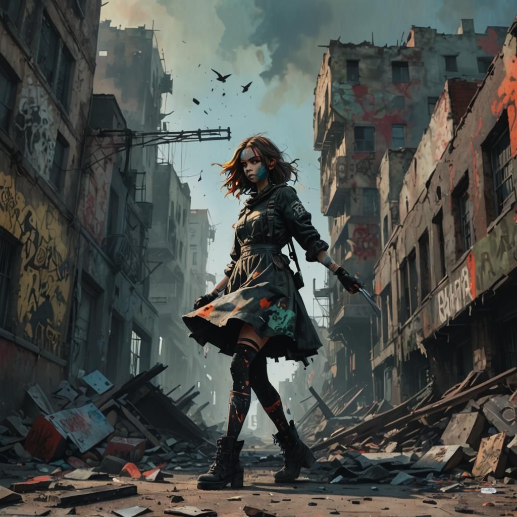 Post-Apocalyptic Girl with Knife in Ruined City