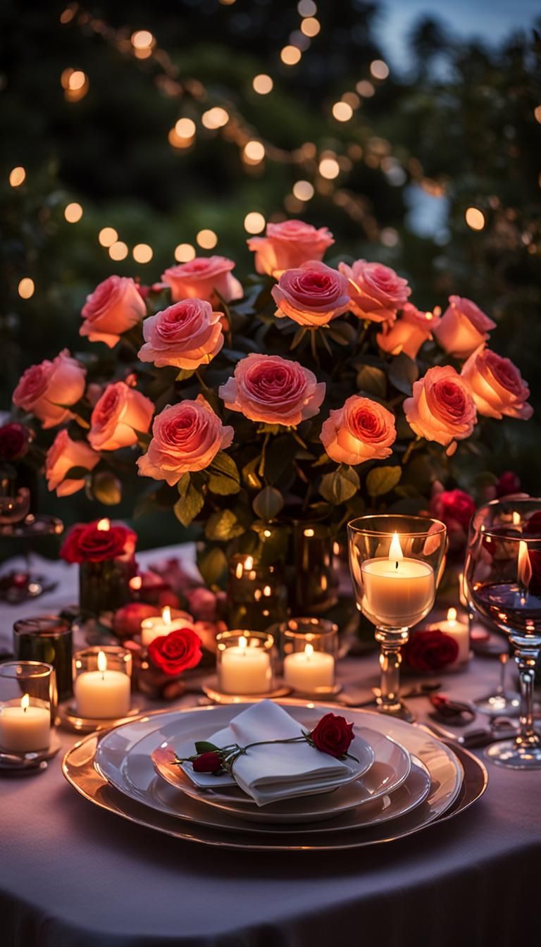 Romantic Garden Scene with Roses and Chocolates
