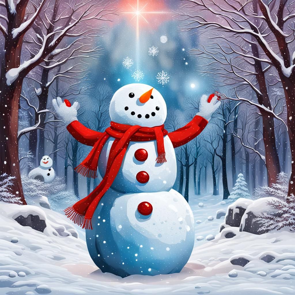 Ein großer weißer Schneemann (Zylinder, lachendes Gesicht, Karottennase, roter Schal)