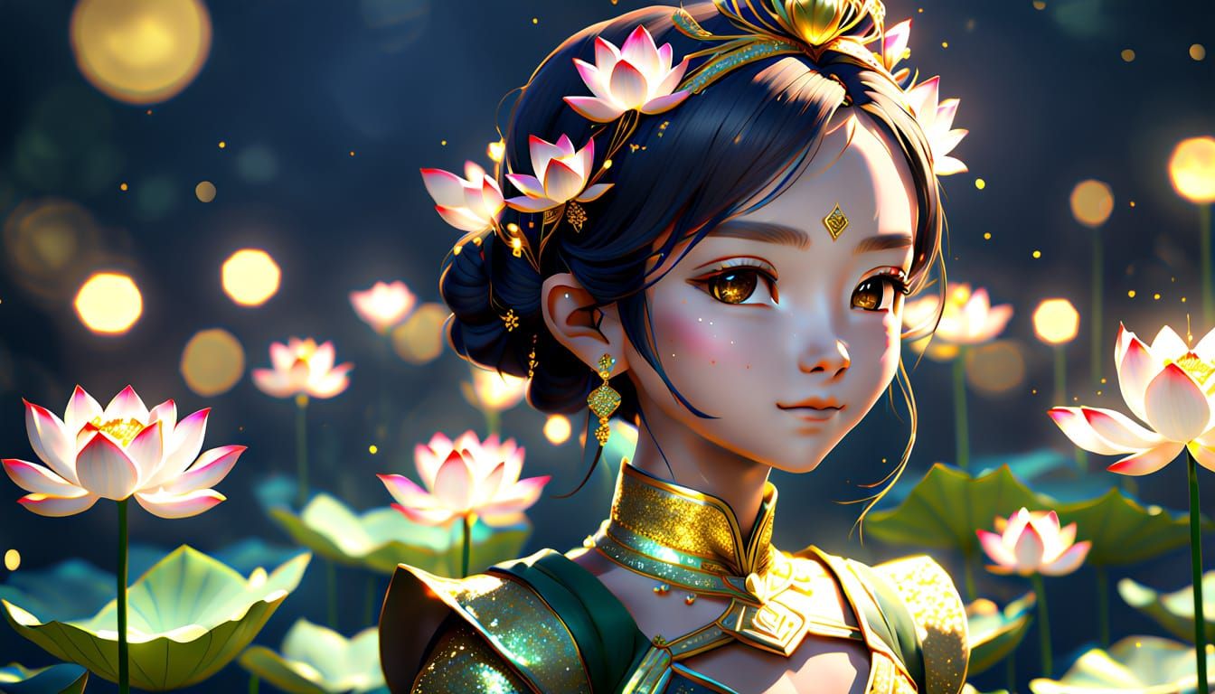 Lotus Queen with Golden Sparkles in 3D Anime Art