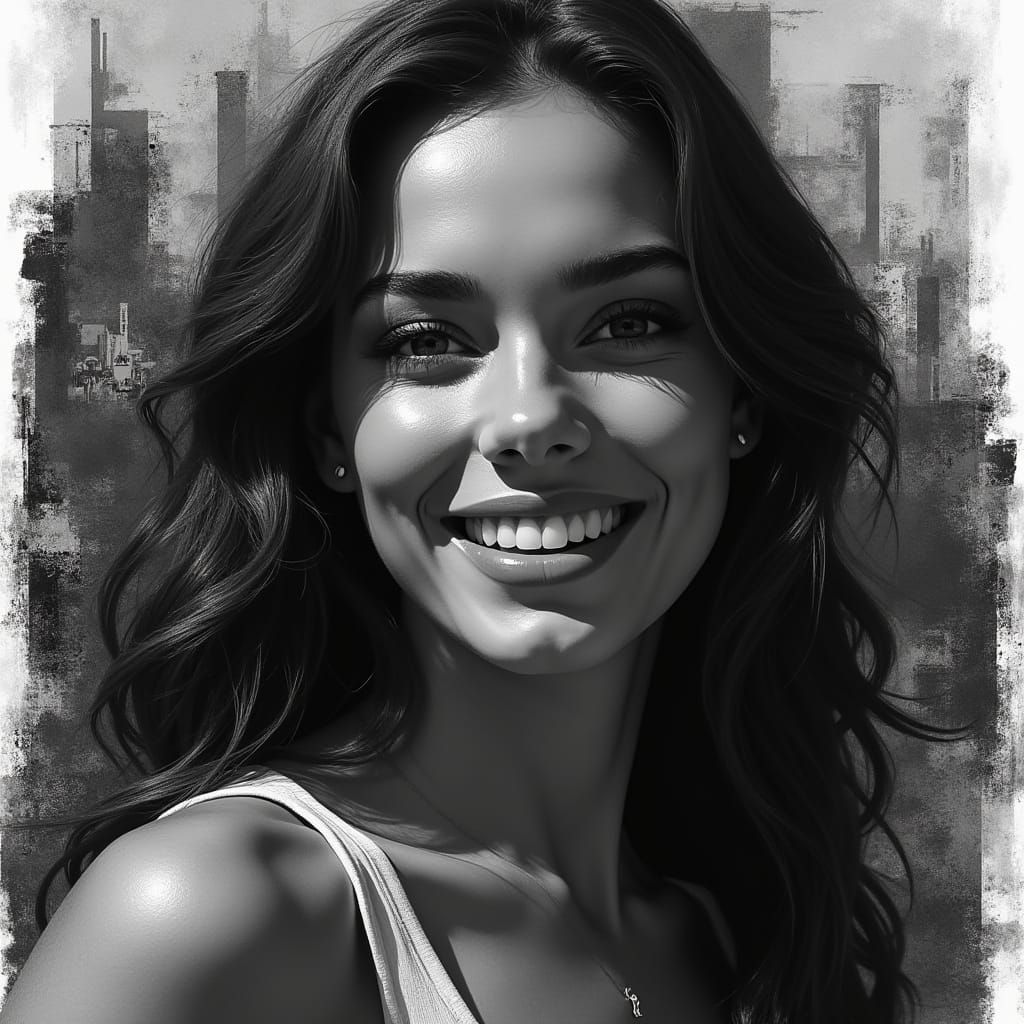 Monochrome Portrait with Abstract Cityscape Background