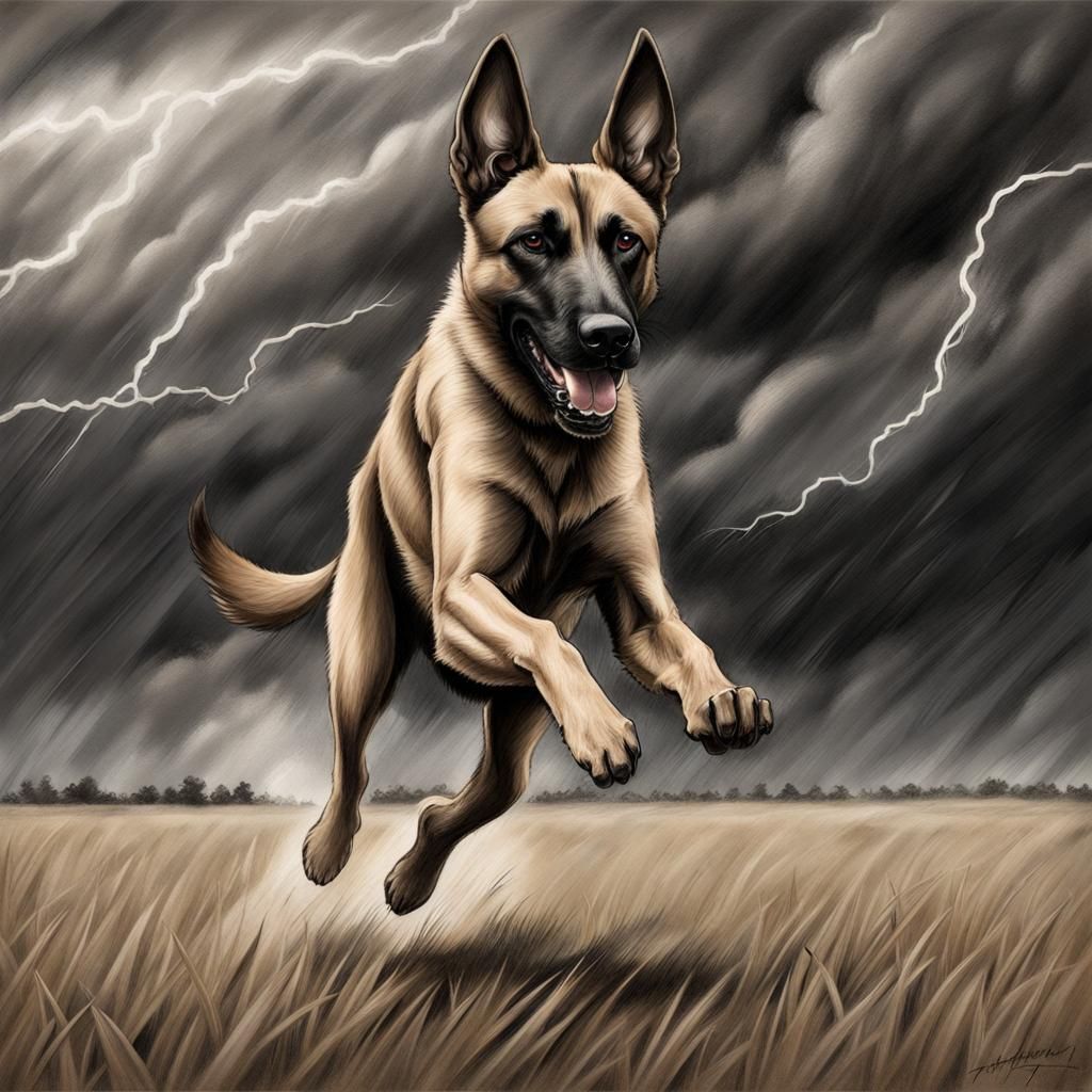 Belgian Malinois Running in Storm: Charcoal Drawing