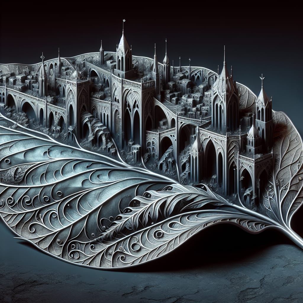 Ancient City Engraved on Aglaonema Leaf