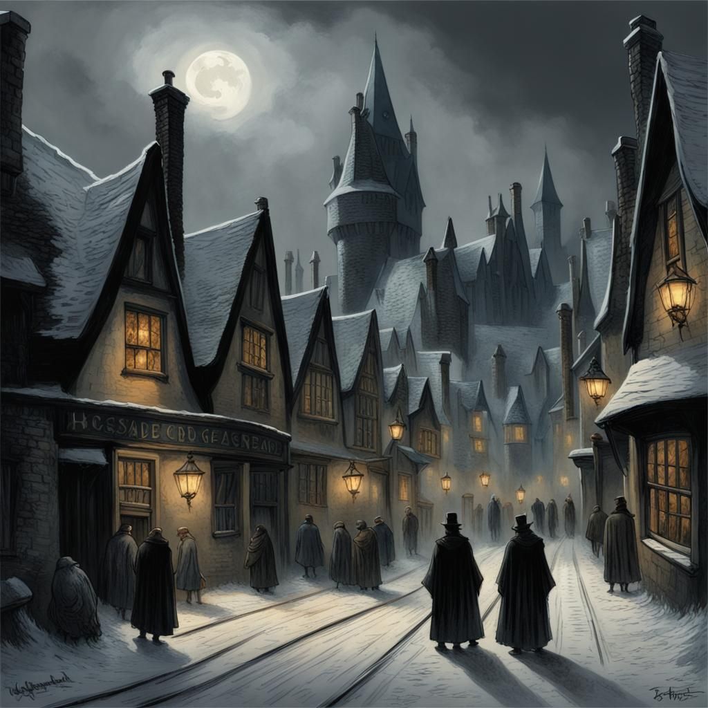 Gothic Horror Hogsmeade in Gustave Doré Style