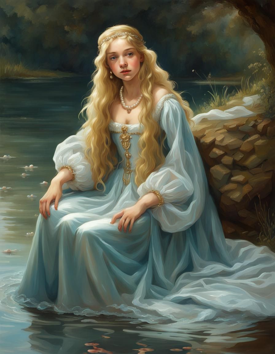 Renaissance Girl in Silver Gown by Lake