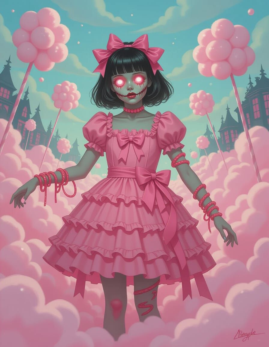 Eerie Zombie Girl in Candy Dress Amid Cotton Candy Storm